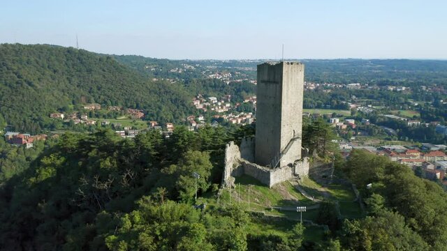 Aerial view of the tower of Baradello, a military fortification located on a high hill next to the city of Como, northern Italy.