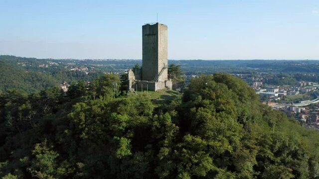 Aerial view of the tower of Baradello, a military fortification located on a high hill next to the city of Como, northern Italy.