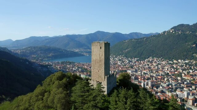 Aerial view of Baradello castle overlooking the city of Como, northern Italy.