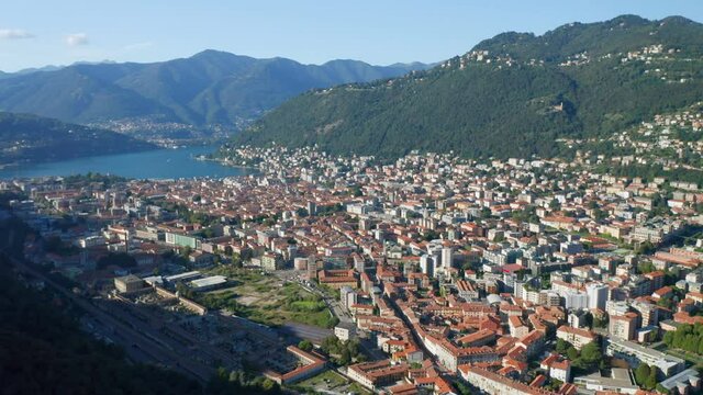 Aerial view of Baradello castle overlooking the city of Como, northern Italy.