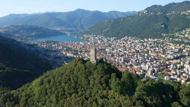 Aerial view of Baradello castle overlooking the city of Como, northern Italy.