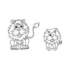 Cute little lion in cartoon style on white background, vector illustration. Coloring page.