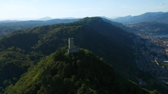 Aerial view of Baradello castle overlooking the city of Como, northern Italy.