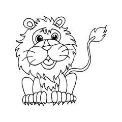 Cute little lion in cartoon style on white background, vector illustration. Coloring page.