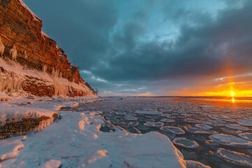 Magnificent winter mountain landscape on the sea. Paldiski cliff. Estonia.