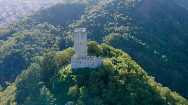 Aerial view of Baradello castle overlooking the city of Como, northern Italy.