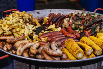Barbecue fair festival food sausage potato meat  corn uisine marmite  outdoor grill