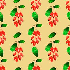 Autumn watercolor seamless pattern of red barberries bunches and green leaves.Isolated on beige background.Botanical hand drawn illustration.For seasonal wallpaper,wrapping paper,fabrics,textiles.