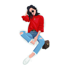 Beautiful girl in red sweater flat illustration clipart vector