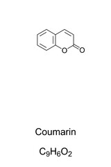 Coumarin chemical structure. Compound with sweet odor resembling the scent of vanilla. Artificial vanilla substitute, flavorant in soaps, rubber products, and in tobacco industry. Illustration. Vector