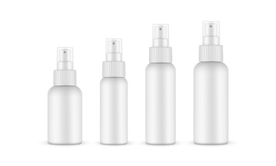 Set of spray bottles mockups with transparent cap, isolated on white background. Vector illustration