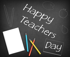 Happy Teachers Day design with white chalk text on black scratched board. Spiral notebook, colored pencils decoration. Apple, pear, booklet and paint palette drawings. 3D illustration