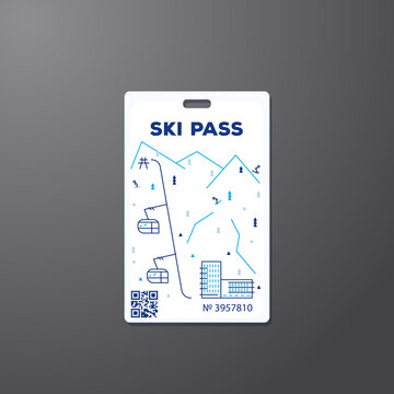 Ski pass line style vector illustration. Ski pass template. Winter vacation and hotel, mountains and ski lift. Ticket to elevator. Card for snowboarding and winter entertainment. Lift pass.
