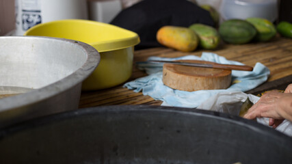 Abstract blur background view of hand peeling bamboo shoots, to boil and cook, see local cooking in rural areas, delicious sweet taste.