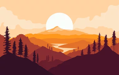Gordijnen Herfst bergen landschap met boom silhouetten en rivier bij zonsondergang. vector illustratie © paul_craft