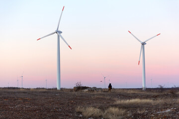 Wind Turbines at Dusk. Landscape sunset with windmills. Renewal source of electricity. Wind turbines field new technology for clean energy on mountain, sunset view with colorful twilight on sky