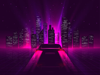 Back side sport car silhouette with neon glowing red rear lights riding on high speed at night with cityscape on background. Outrun or vaporwave retro futuristic aesthetic vector illustration.