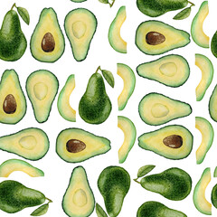 Watercolor hand drawn seamless pattern with green avocado, cut in half pieces. Healthy vegetarian food fresh guacamole, juicy summer cooking. For cafe restaurant menu kitchen textile.