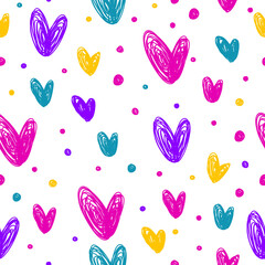 Bright doodle hearts wrapping paper seamless pattern for use in design. Perfect for summer party wallpaper,  holiday textile print,kids party card, shop sale advertising, woman or girl dress.