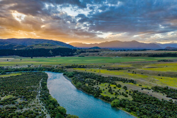 Aerial view over Clutha River / Mata-Au at dusk, South Island, New Zealand