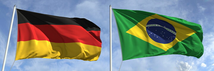Flying flags of Germany and Brazil on high flagpoles. 3d rendering