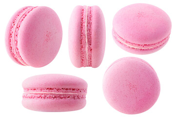 Isolierte rosa Macarons-Sammlung. Erdbeer- oder Himbeermakrone in verschiedenen Winkeln auf weißem Hintergrund