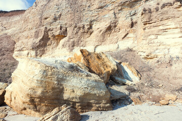 Rockslide. Mountain landslide in an environmentally hazardous area. Large cracks in earth, descent...