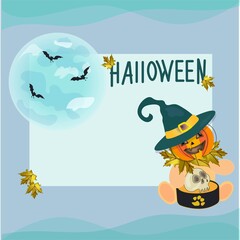 Halloween card with pumpkin in witch hat.
Teddy bear with a treat on the background of the moon and bats.
Vector design with blue background and autumn leaves.