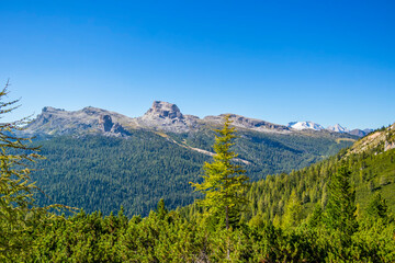 View from Tofane di Rozes on mount Averau and Cinque Torri mount, Veneto - Italy