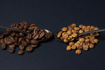Coffee beans on a black background. Two spoons with coffee beans. In spoons of coffee of different roasts