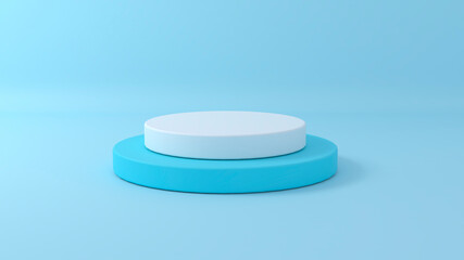 Blue and white product display or showcase on simple background with cylinder podium stand.