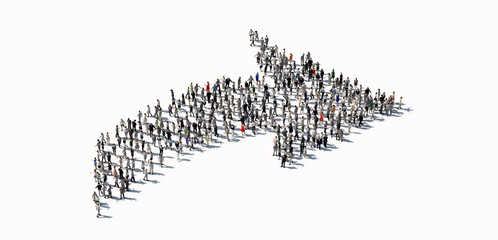 Large group of people making a rising arrow shape.