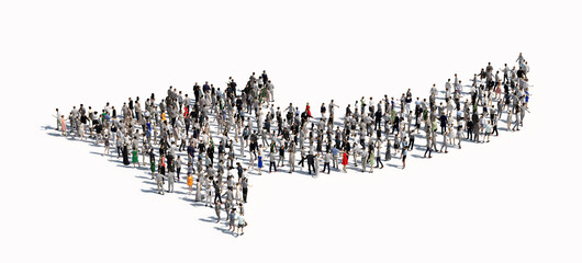 Large group of people making an arrow shape.