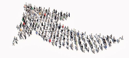 Large group of people making a rising arrow shape.
