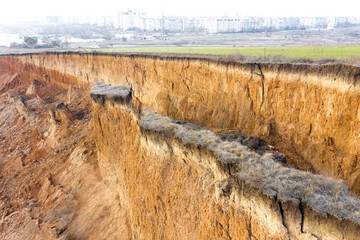 Panoramic view bird's-eye view. Mountain landslide in an environmentally hazardous area. Large...