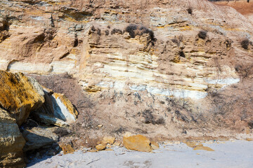 Background of mountain landslide in an environmentally hazardous area. Large cracks in the ground, the descent of soil layers, coquina. Deadly risk of coastal collapse
