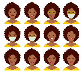 Set of facial expressions of an Afro woman, Afro-american, African, American, black woman with different emotions and accessories, vector illustration.