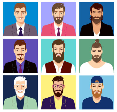 set of male faces with different hairstyles and facial expressions, vector illustration.