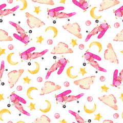 Seamless pattern with pink airplanes, clouds, moon and star on white background. Hand drawn watercolor illustration.