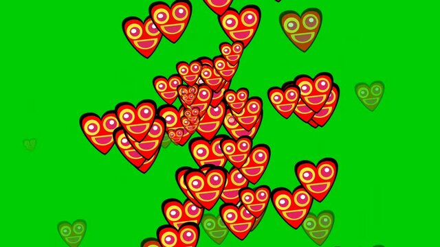 Love symbol with emoji happiness emoticon cartoon animation moving down. falling emoticon smiling and sweet smile heart shape emoji on green screen.valentine concept animation 4K,chroma key