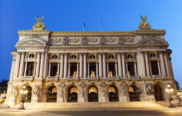 Fototapeta na wymiar Night front view of the Opera National de Paris. France.
