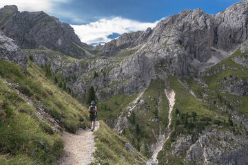 Fototapeta na wymiar Putia mountain pass on the circular hike around Sass de Putia Mountain beginning from Passo delle Erbe (Erbe pass), Dolomites, Trentino, Alto-Adige, South Tirol, Italy. 