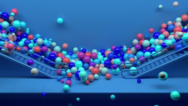3d render colorful background with a lot of shiny spheres fall down from escalator. Fun and positive mood. Vibrant colors. 3d spheres.