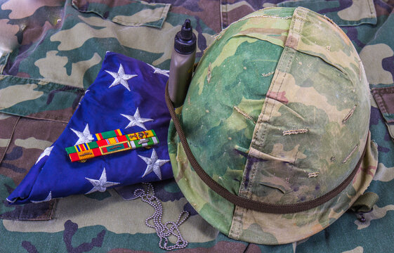 Vietnam Vet Camo Helmet, Service Ribbons & American Flag