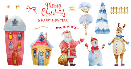 Watercolor set of illustrations for Christmas and New year