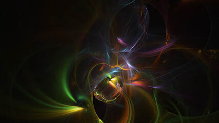 Abstract colorful orange and green glowing shapes. Fantasy light background. Digital fractal art. 3d rendering.