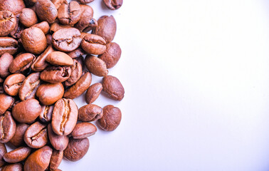 Roasted coffee beans background. Top view. Copy space
