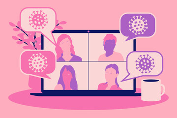 Video call conference or meeting people talking about the COVID-19 coronavirus, news and global events. Stream friends. Chatting from home. Vector flat illustration.