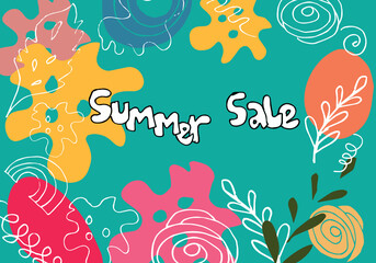 Summer sale banner template.An abstract summer with palm leaves and hand drawn leaves. Tropical background. Promo badge for your seasonal designs.