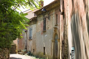 Alley of an Italian village with old brick houses, plants and flowers (Fiorenzuola di Focara, Italy, Europe)